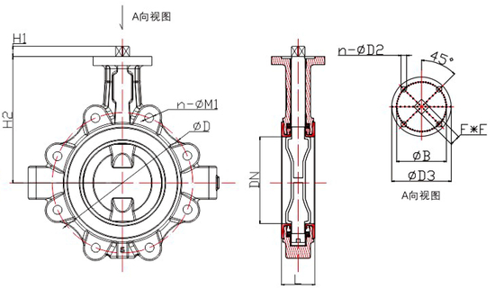 DN40 sampai DN600 Headless Lug Type Butterfly Valve Dengan PTFE Lining